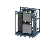 Large frame-mounted oil dehydration system for removing water and gases.