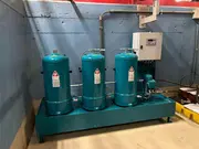 Industrial phosphate ester oil filtration system installed in a turbine electrohydraulic control room.