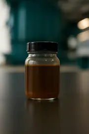 Glass jar containing heavily contaminated oil with darkened appearance and suspended particles, demonstrating the impact of poor oil cleanliness and the need for effective oil filtration.