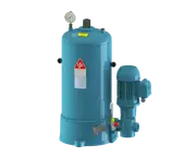 Compact blue offline oil filter unit with vertical filter housing and pump.