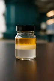 Glass jar containing contaminated oil with visible separation, illustrating how oil contamination affects clean oil and system reliability.