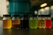 Row of glass jars containing different oil samples with varying colours and contamination levels, illustrating different oil types and conditions.