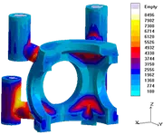 MAGMASoft casting simulation showing stress or solidification analysis of a metal component.