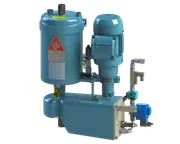 Blue oil filtration and water separation system with pump and filter housing.