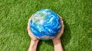 Hands holding a globe over green grass, symbolising global knowledge and environmental awareness.
